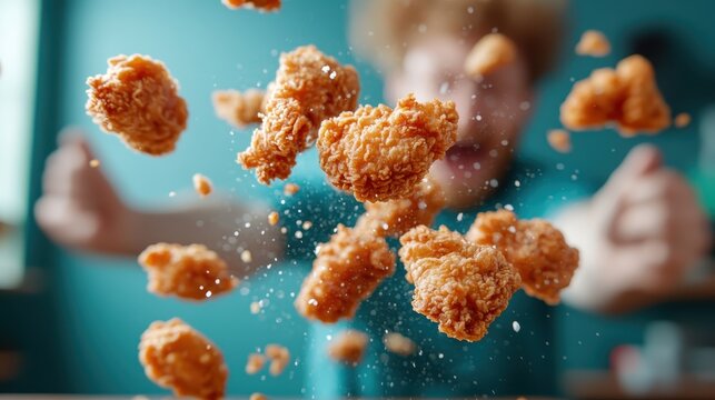 A person exudes joy, watching chicken nuggets float nearby, capturing the joy of indulging in a favorite snack. Perfect for depicting fun food moments.