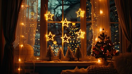 Obraz premium Starry night lights, star decoration lights on the window with stars hanging in front of it