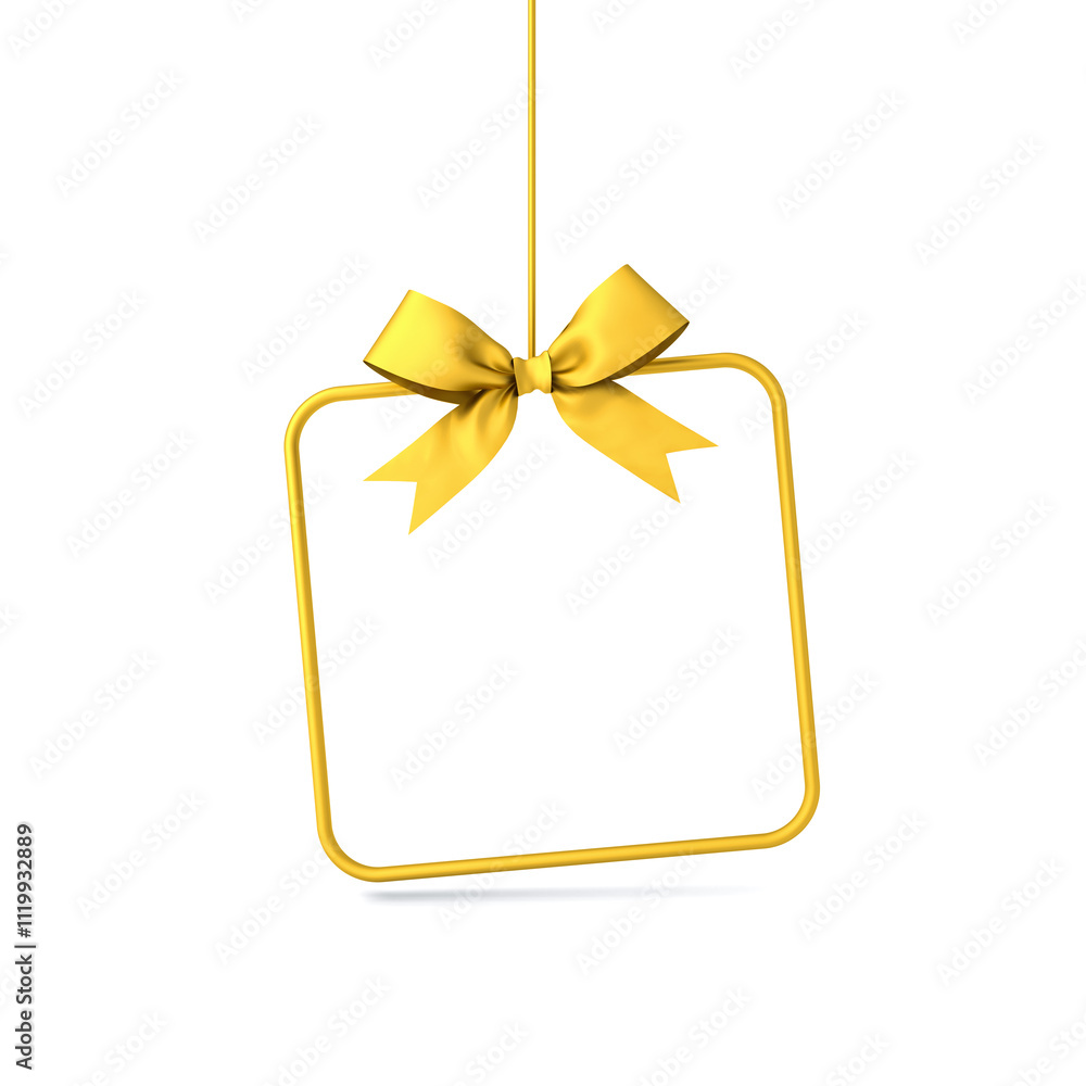 Poster hanging blank gold gift box frame or golden present mockup frame with rounded square border wire edg