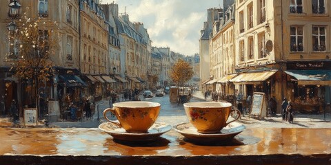 Charming parisian street view with coffee cups on a cozy balcony