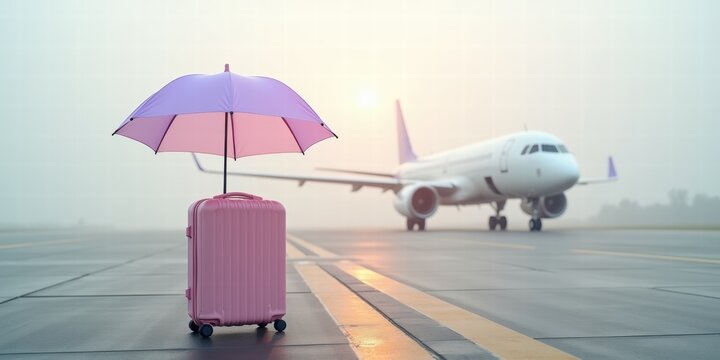 A pink suitcase and an umbrella on an airport runway symbolize travel insurance, providing peace of mind for travelers in uncertain situations.