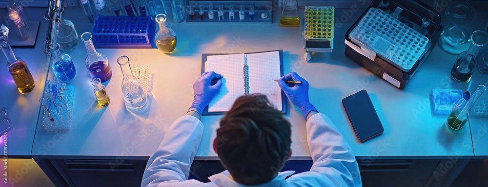 Fototapete a scientist writes in a notebook in a laboratory filled with colorful glassware.