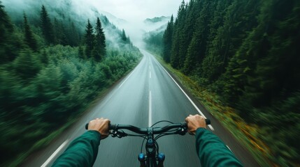 A thrilling scene captures the handlebar view of a bicycle navigating a misty, forested road, epitomizing adventure, exploration, and nature&rsquo;s untamed beauty.