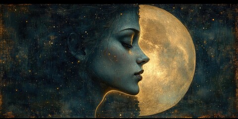 Mystical female profile against illuminated moon with starry night sky