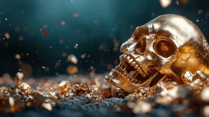 A strikingly detailed golden skull rests amidst a sea of shimmering gold dust and particles, creating a vibrant and eye-catching visual composition full of metaphor.