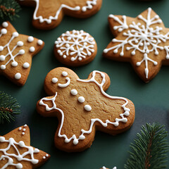 Festive Gingerbread Cookies with Icing Decorations on a Rich Green Background for Holiday Celebrations and Festive Gatherings