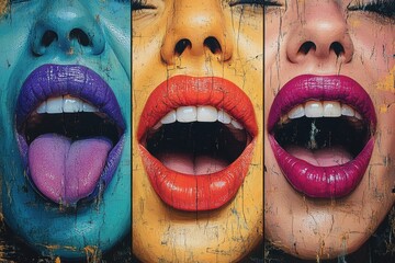 Vibrant multiracial female expressions featuring colorful lips and textured art