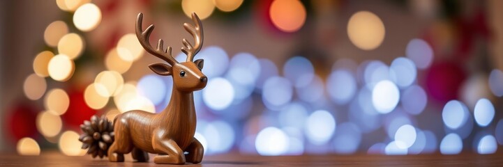 A close-up of a beautifully crafted wooden reindeer figurine, standing proudly on a table adorned with Christmas decorations. Perfect for holiday-themed projects.
