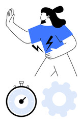 Person in blue shirt with lightning symbol raised hand stopwatch and gear. Ideal for energy, speed, efficiency, productivity, innovation, time management, technology. Line metaphor