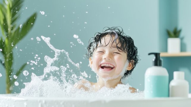 明るいバスルームで水しぶきとシャボン玉を楽しみながらお風呂を楽しむ、元気な日本の子供