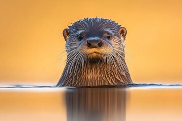 A close-up of an otter's face emerging from water against a warm, golden background.