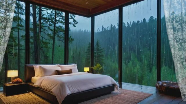 Cozy bedroom with a stunning rain view through large windows on a peaceful night in a serene mountain setting. Seamless looping 4k video background. 