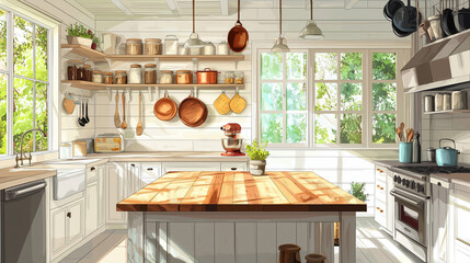 Farmhouse style kitchen featuring natural wood tones, open shelving, and a bright, sunny ambiance