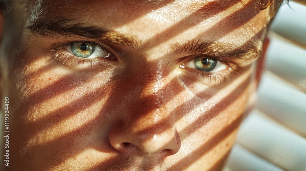 Poster an intense portrait highlights expressive eyes, with shadows playing across the face, adding depth a