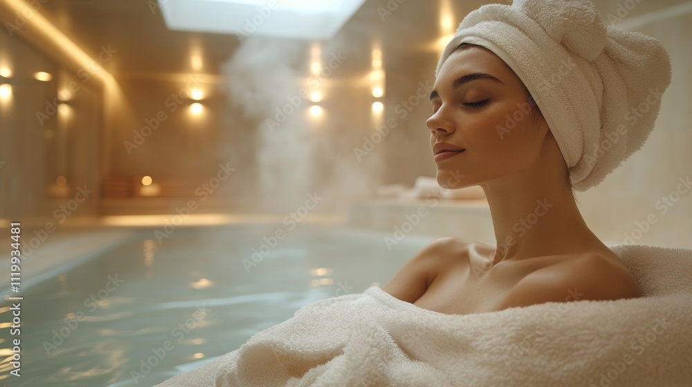 Poster a person enjoys a moment of relaxation in a luxurious spa setting, surrounded by steam and soft ligh