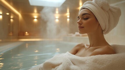 A person enjoys a moment of relaxation in a luxurious spa setting, surrounded by steam and soft lighting. The serene environment promotes calmness and rejuvenation.