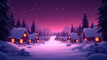 Fototapeta premium Cartoon winter scene with houses and christmas trees for text space