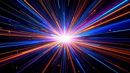 Abstract Blue Light Speed Background with Laser Rays and Glowing Center Flare
