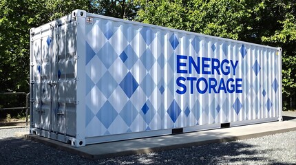 Obraz premium Modern Energy Storage System with Wind Turbines Solar Panels and Battery Container Panoramic View