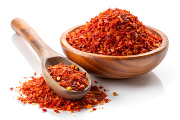 Spicy Red Chili Pepper Flakes and Milled Paprika in Wooden Spoon – Perfect for Culinary and Food Designs.