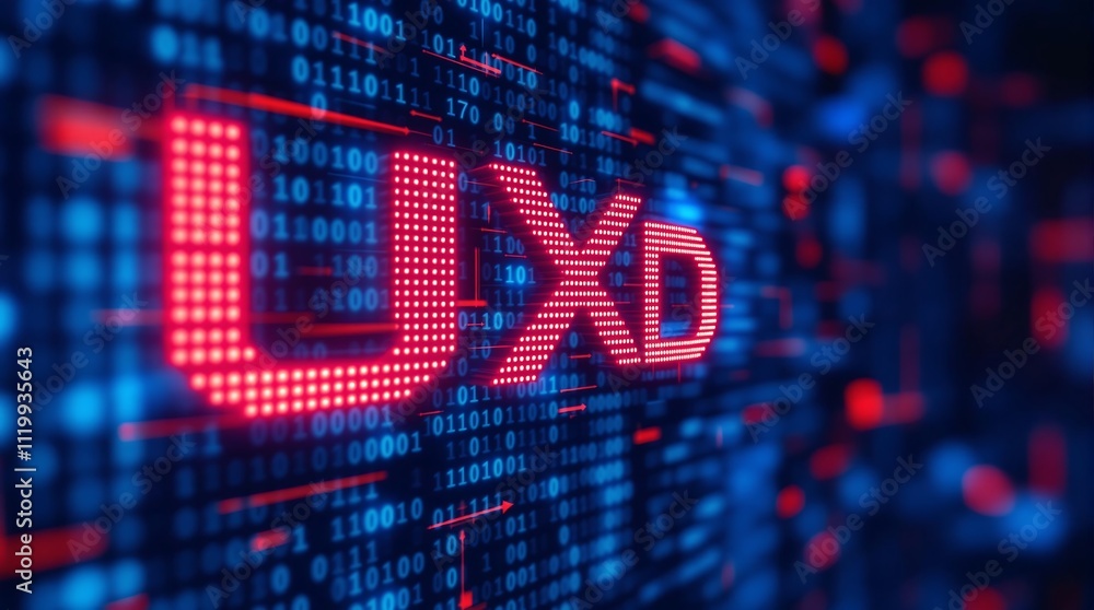 Poster digital uxd matrix code representing user experience design concept in blue binary
