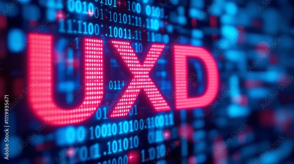 Poster digital uxd matrix code representing user experience design concept in blue binary