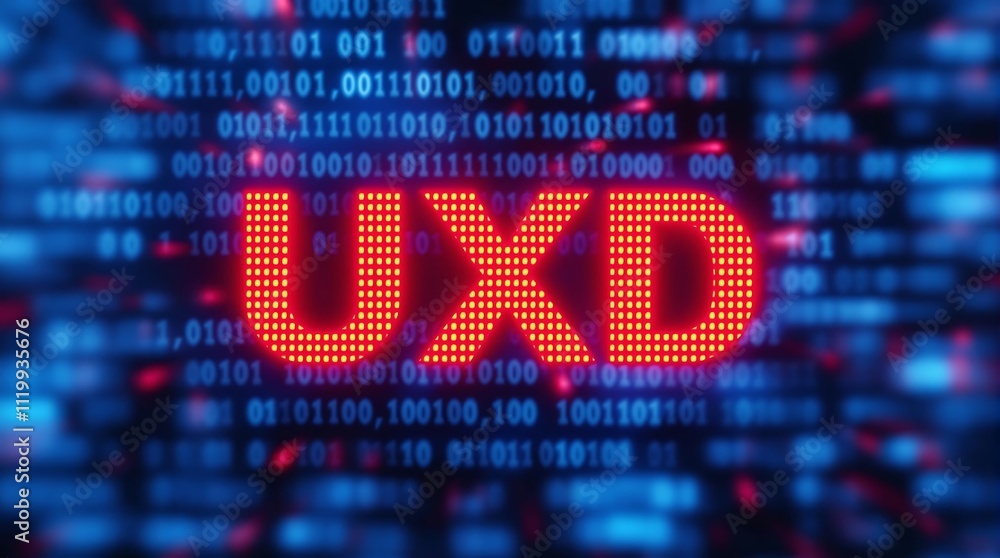 Poster digital uxd matrix code representing user experience design concept in blue binary