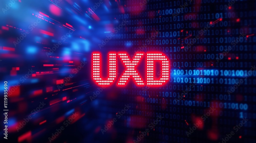 Aufkleber digital uxd matrix code representing user experience design concept in blue binary