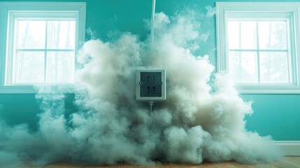 A massive plume of white smoke fills a room around an electrical outlet, dispersing into the air and highlighting the potential danger from electrical malfunctions.