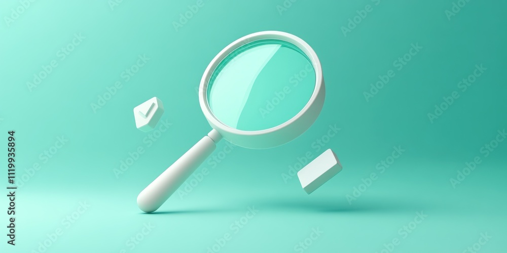 Aufkleber a 3d magnifying glass with floating geometric shapes on a teal background.