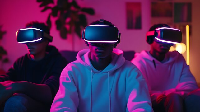 A group of teenagers participating in a virtual reality gaming session, wearing VR headsets in a stylish home entertainment setup 