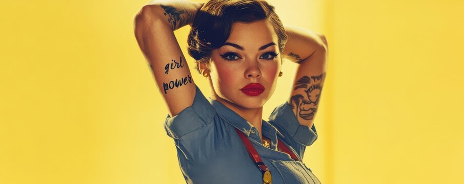 Confident young woman with tattoos and red lipstick striking a strong pose. Feminine strength embodied with denim and bold colors on a vibrant yellow background, exuding empowerment and individuality.