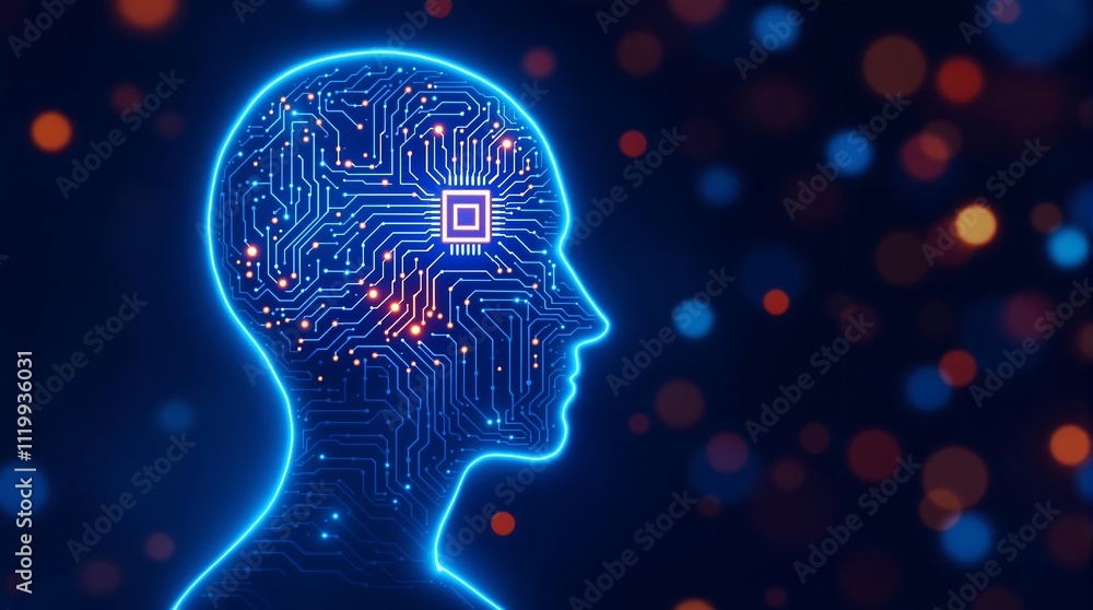 Poster human brain with implanted neural ink chip and neural connection to computer neuroengineering concep