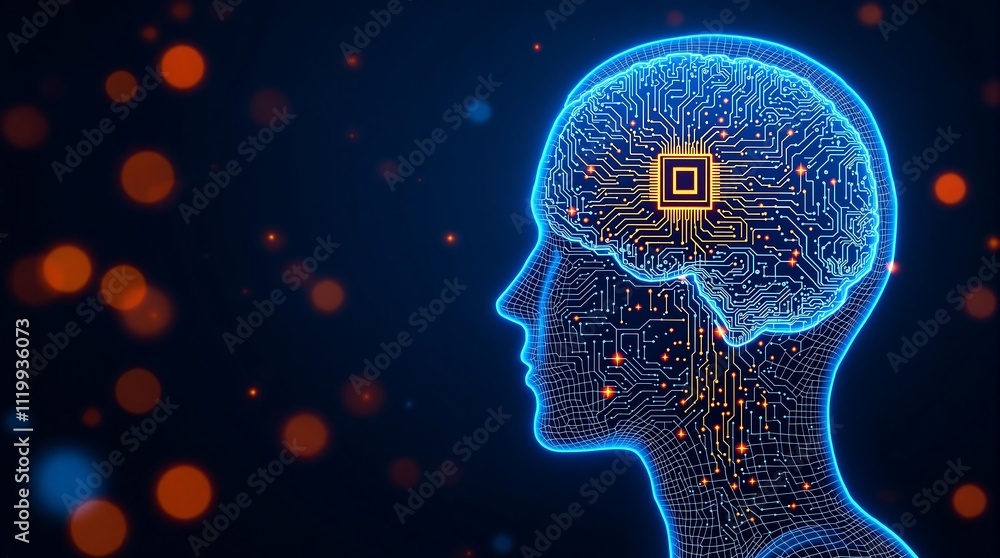 Poster human brain with implanted neural ink chip and neural connection to computer neuroengineering concep
