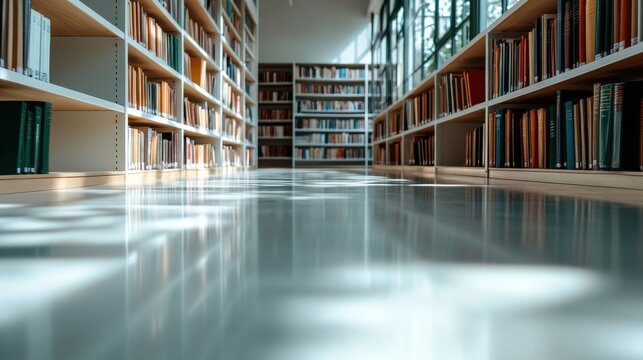 The sunlit library features numerous beige shelves filled with books, casting gorgeous shadows over an immaculate and glossy floor, inviting knowledge seekers inside.