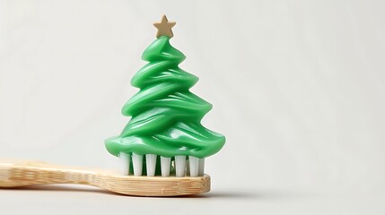 Green toothpaste shaped like a Christmas tree on a toothbrush, isolated on a white background