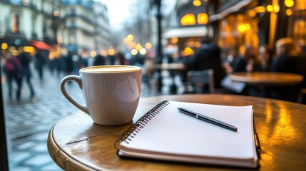 Cozy café scene with a steaming cup of coffee, an open notebook, and a pen resting on a wooden table amidst a bustling Parisian street during a rainy day