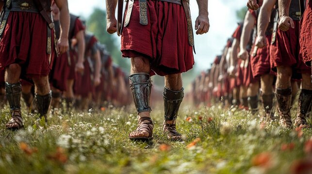 Ancient roman soldiers marching in formation wearing red tunics and armor
