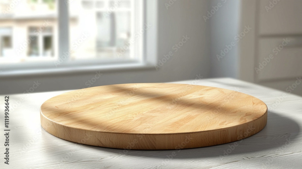 Poster a stunning empty round wooden tabletop is illuminated by gentle sunlight, casting delicate shadows t