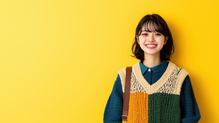 カラフルなセーターを着て、黄色の背景に微笑む日本人学生