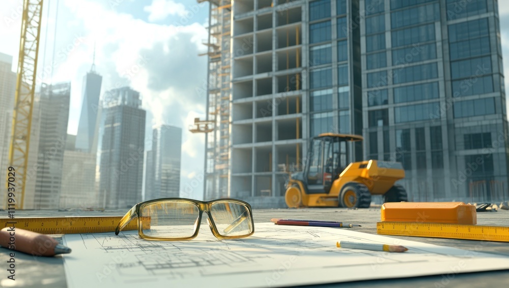 Poster a construction site with blueprints and tools in the foreground and machinery in the background.