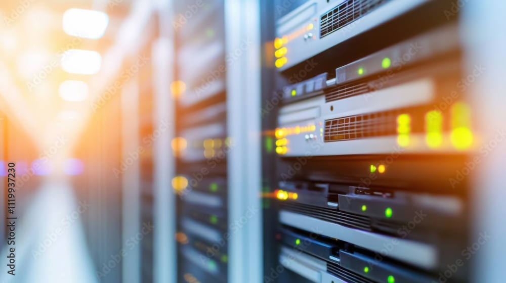 Poster high-resolution image of data center with server racks and lights reflecting off the equipment, depi