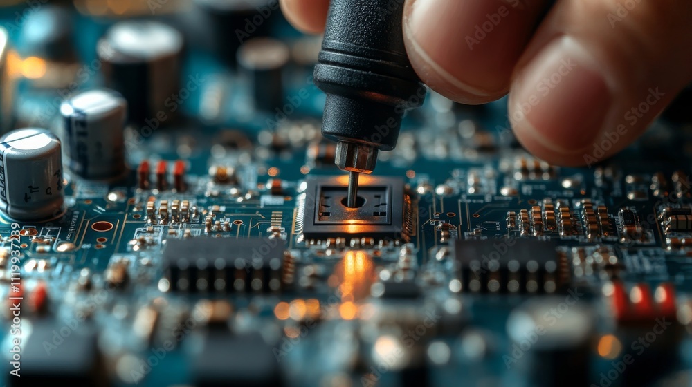 Poster technician testing a circuit board with a probe in a laboratory during evening hours