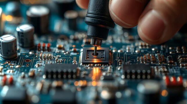 Technician testing a circuit board with a probe in a laboratory during evening hours