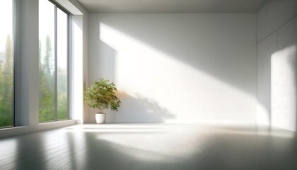 Fototapeta premium Bright, minimalist room with a plant and large windows.