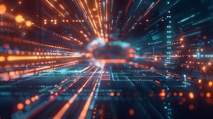 Computer-generated abstract image depicts a vibrant, intricate digital network or city with glowing connections in orange, red, and blue dots. A central silver data center in a deep blue background