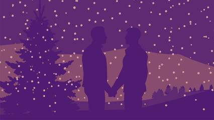Two men hold hands near a christmas tree in a snowy landscape, creating a romantic and festive atmosphere filled with love and warmth