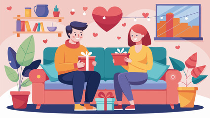 Young couple happily exchanging gifts on a cozy sofa in a festive living room, celebrating valentine's day. Surrounding by love and affection, they smile and enjoy the heartwarming moment