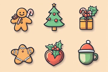 Fototapeta premium A charming set of Christmas icons featuring a festive Christmas tree, adorable gingerbread man, Christmas stocking, and a gift box with holly, perfect for holiday designs and celebrations.