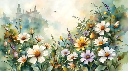 A serene botanical garden scene with delicate flowers and lush greenery in warm watercolor painting style